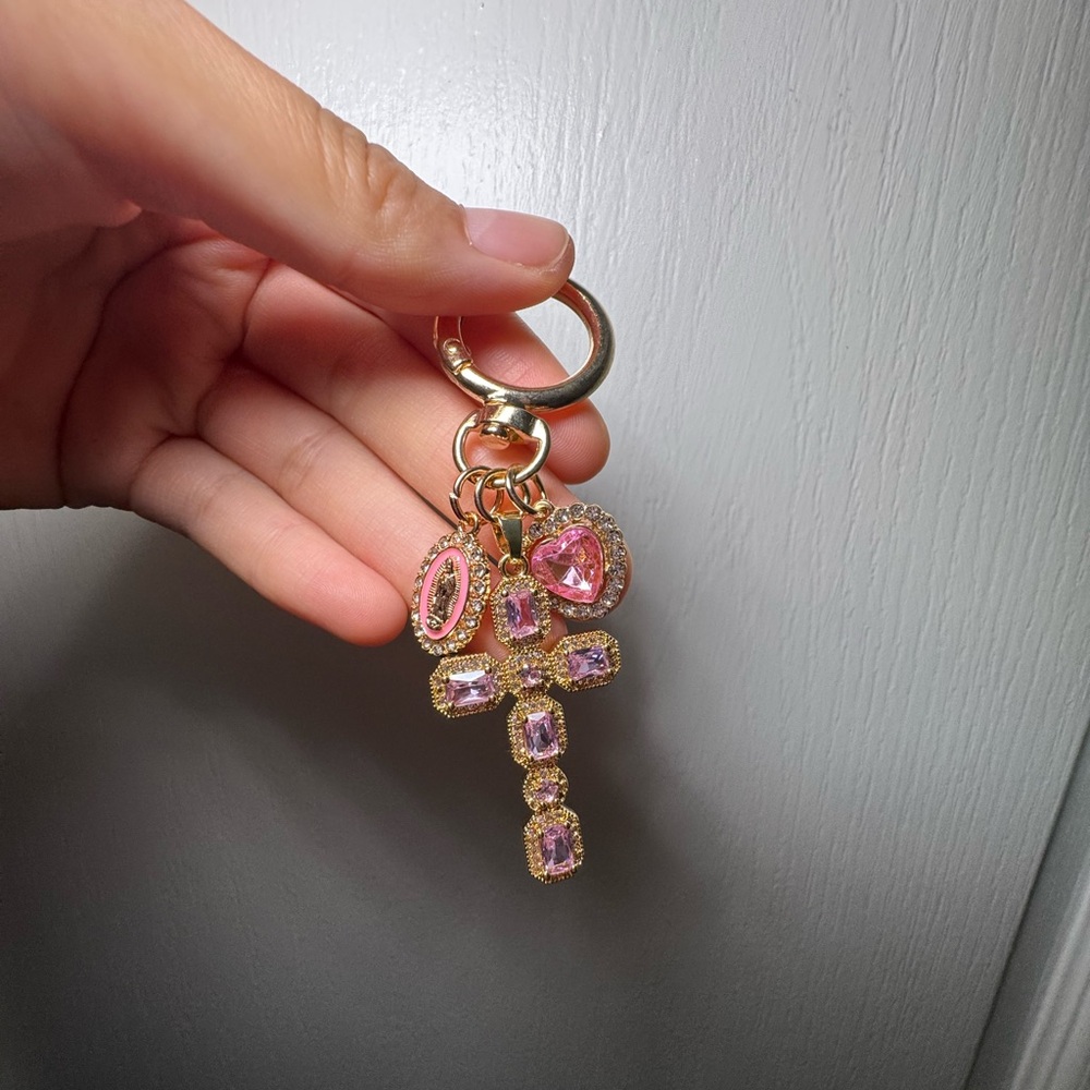 Cross Virgencita Heart Charms Pink and Gold Keychain